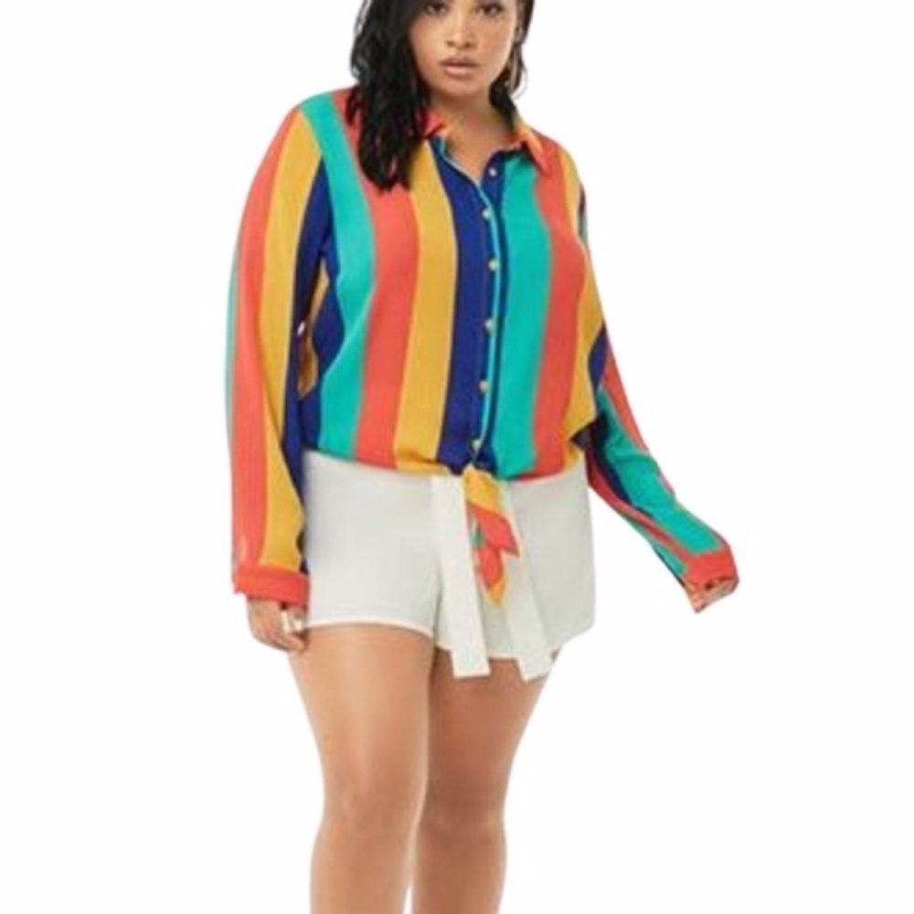 NEW Forever 21 Striped Tie Front Button Up Top 0X